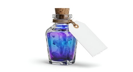 A small glass bottle filled with colorful liquid and a blank tag