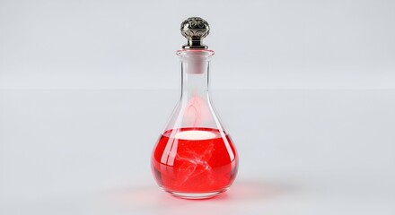 A Clear Glass Bottle Filled With Red Liquid and a Stopper, Isolated on a White Background