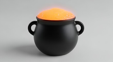 Mysterious glowing orange potion bubbling vigorously in a dark, magical cauldron, perfect for Halloween spells and enchanting fantasy themes, suggesting a powerful brew stirred with a mystical whisk