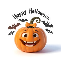 Happy Halloween Cute Cartoon Pumpkin with Smile and Bats