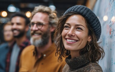 Obraz premium Cheerful woman smiling brightly while surrounded by coworkers engaged in a strategy discussion