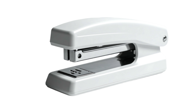 Sleek, white, compact stapler with a metallic baseplate and visible staple channel; designed for efficient desktop use