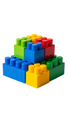 Obraz premium A colorful stack of plastic building blocks, red, yellow, green, and blue, interlocked, forming a small, uneven pyramid shape