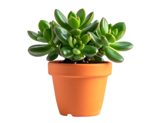 Lush green succulent in a small, terracotta pot, vibrant leaves, healthy growth, isolated on black background