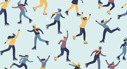 Cheerful ice skaters gracefully glide across a snowy winter landscape, perfect for holiday designs, seasonal promotions, and festive decorations