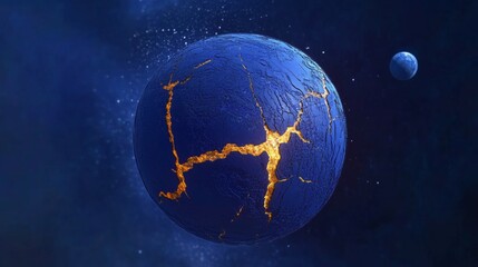 Distant Cracked Planet Shimmers with Molten Core, Floating in Celestial Tranquility in Space