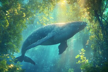 Fototapeta premium Surreal underwater scene of a whale swimming through sunlit aquatic forest