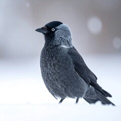 Close-up of a grey bird in snow