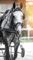 Close-up of a grey horse in harness
