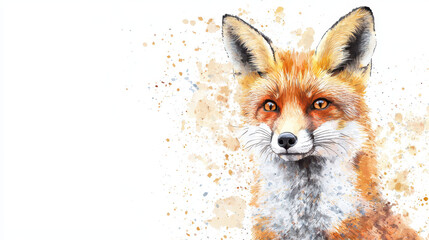 Obraz premium Vibrant watercolor illustration of fox, showcasing its striking orange fur and expressive eyes against splattered background. artwork captures