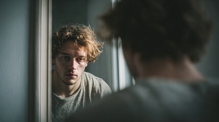 Young man contemplating identity crisis in the mirror intimate indoor setting portrait photography emotional environment close-up viewpoint