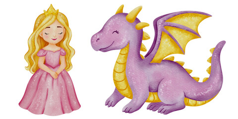 Fairy tale watercolor clipart set with princesses, fairy, unicorn, dragon, castle and festive details, perfect for kids’ creative projects.