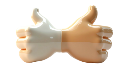 Two 3D-rendered hands, one light, one tan, forming thumbs-up gestures, joined at the wrists