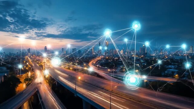 Networked city skyline with illuminated roads at dusk, nodes connected via light strands