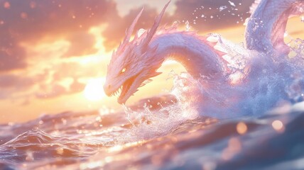 Fototapeta premium Majestic sea dragon rising at sunset over ocean waves