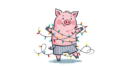 Festive pink pig tangled in Christmas lights, adding playful holiday cheer to marketing materials, children's books, and seasonal social media posts