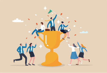 Team success winning trophy, reach business goal together, teamwork or partnership to win or succeed, motivation or leadership concept, business people greeting victory on winning success trophy