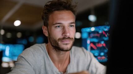 A man is seated in an office environment, focused on analyzing complex data visuals on his screen, showcasing the modern intersection of technology, business, and analytics.