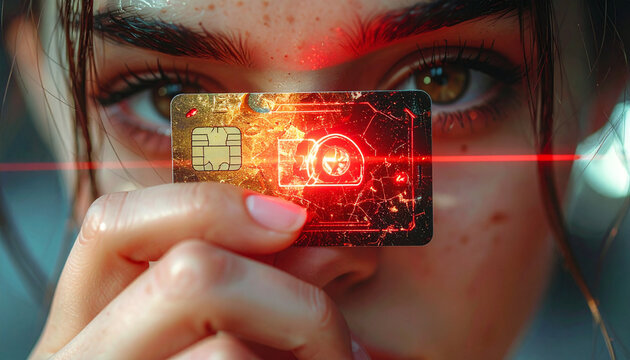 The Glitch: A futuristic digital concept showcases an individual holding a credit card-like chip emitting red light, symbolizing advanced technology and digital transformation.