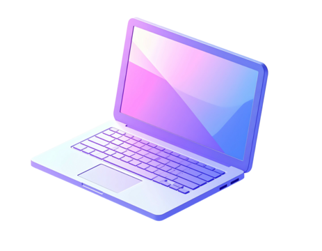 Isometric illustration of a light-purple laptop with a pink and blue gradient screen, slightly angled, showcasing a simple keyboard and trackpad
