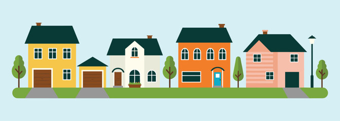 Colorful suburban houses, residential neighborhood street view, modern family homes with trees, green lawns, real estate property illustration.