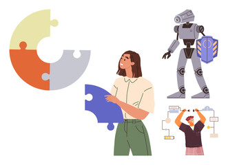 Woman holding puzzle piece, humanoid robot with shield, and man connecting flowchart. Ideal for teamwork, innovation, automation, creativity, strategy robotics futuristic themes. Vibrant flat