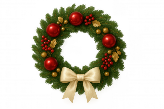 Evergreen christmas wreath decorating holiday season, creating festive home atmosphere, transparent background