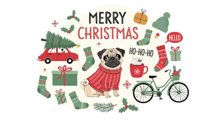 Adorable pug in cozy sweater celebrates Merry Christmas with festive icons like a car, tree, gifts, socks, bike, and hot cocoa