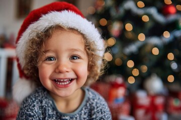 Close up portrait child boy with a huge smile wearing santa Claus hat near Christmas tree at home.