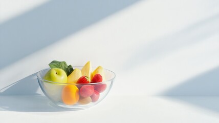 Fresh summer fruits in glass bowl on sunlit white background