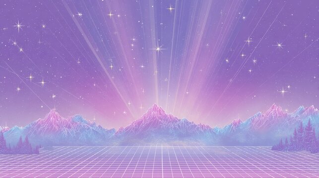 Creative abstract business background with retro purple grid pattern featuring sunlight beams and scattered stars with dynamic pink blue mountains and soft glowing effects creating dreamy magical atmo