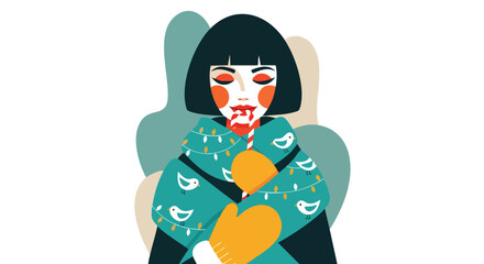 Whimsical winter girl enjoying a candy cane wrapped in a cozy bird patterned blanket and mittens bringing festive holiday cheer and happiness