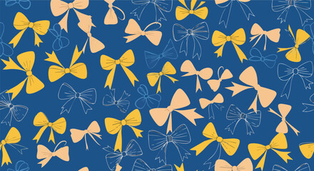 Vibrant yellow and peach bows scattered across a deep blue background creating a festive and celebratory pattern
