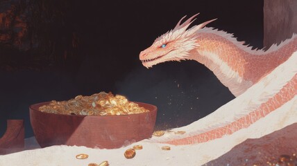 Majestic dragon guarding ancient treasure hoard in enchanted cave