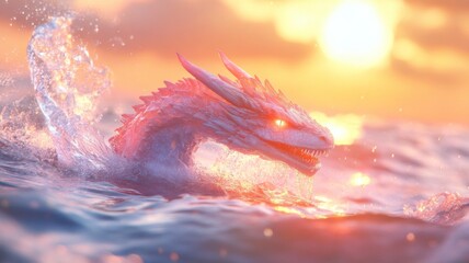 Mythical sea dragon emerges at sunset in ocean scene