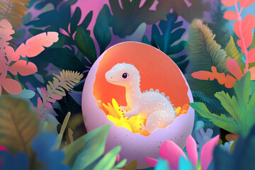 Playful cartoon baby dinosaur hatching in a vibrant jungle scene
