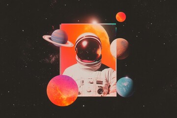 Retro futurism collage featuring an astronaut and planets in vibrant colors
