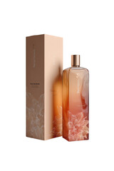 A bottle of luxury body wash, a blush-toned amber hue, with a matching box