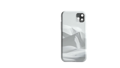Sleek phone case showcasing a grayscale abstract landscape design; subtly textured, modern, and minimalist aesthetic
