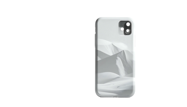 Sleek phone case showcasing a grayscale abstract landscape design; subtly textured, modern, and minimalist aesthetic