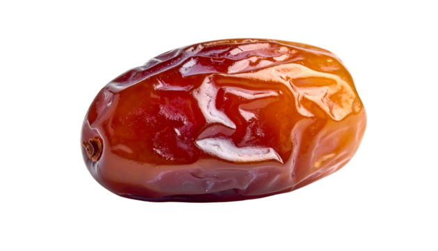 A single, ripe date fruit, dark reddish-brown, glossy, slightly wrinkled skin, showing subtle highlights and a small stem scar