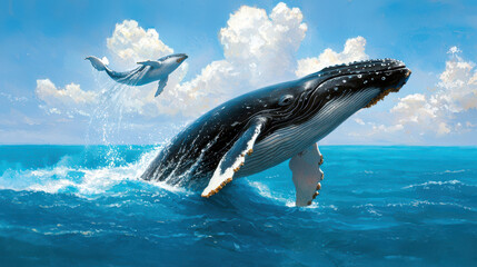 Majestic whale breaches surface of vibrant blue ocean, accompanied by another whale in background, under bright sky filled with fluffy clouds