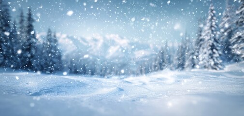 The enchanting winter landscape with falling snowflakes and majestic mountains.