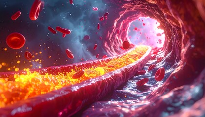 A vivid artistic rendering of a blood vessel interior, depicting red blood cells flowing through a crimson canal