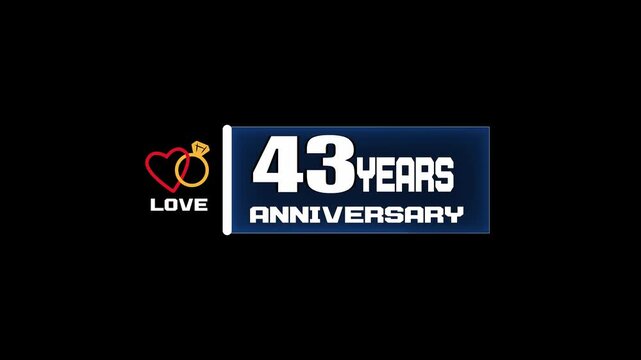 43 years anniversary banner, stylish romantic marriage couple artwork, golden wedding ring with heart logo, elegant love vector design