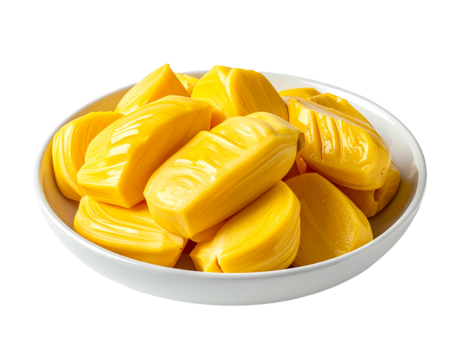 A white bowl overflows with vibrant yellow jackfruit segments, glistening with moisture, showcasing their succulent, ripe texture.  The pieces are neatly arranged, highlighting their natural sweetness