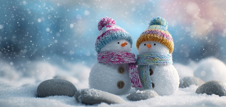 The adorable couple of snowmen celebrating winter joy in a snowy landscape.