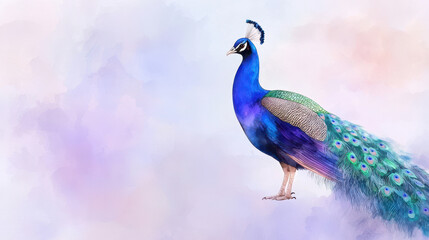 Fototapeta premium Vibrant peacock stands gracefully, showcasing its stunning blue and green plumage against soft pastel background, evoking beauty and elegance