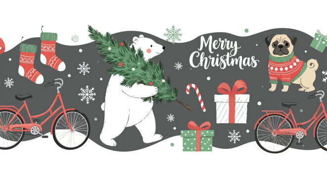 Joyful polar bear carrying Christmas tree with pug in sweater celebrating holiday spirit and winter fun