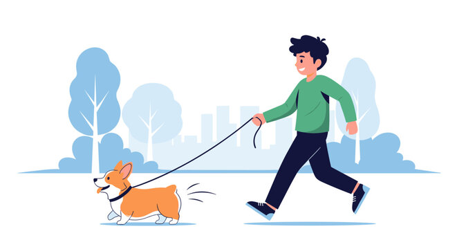 A happy person walks their adorable corgi dog on a leash in a park.
